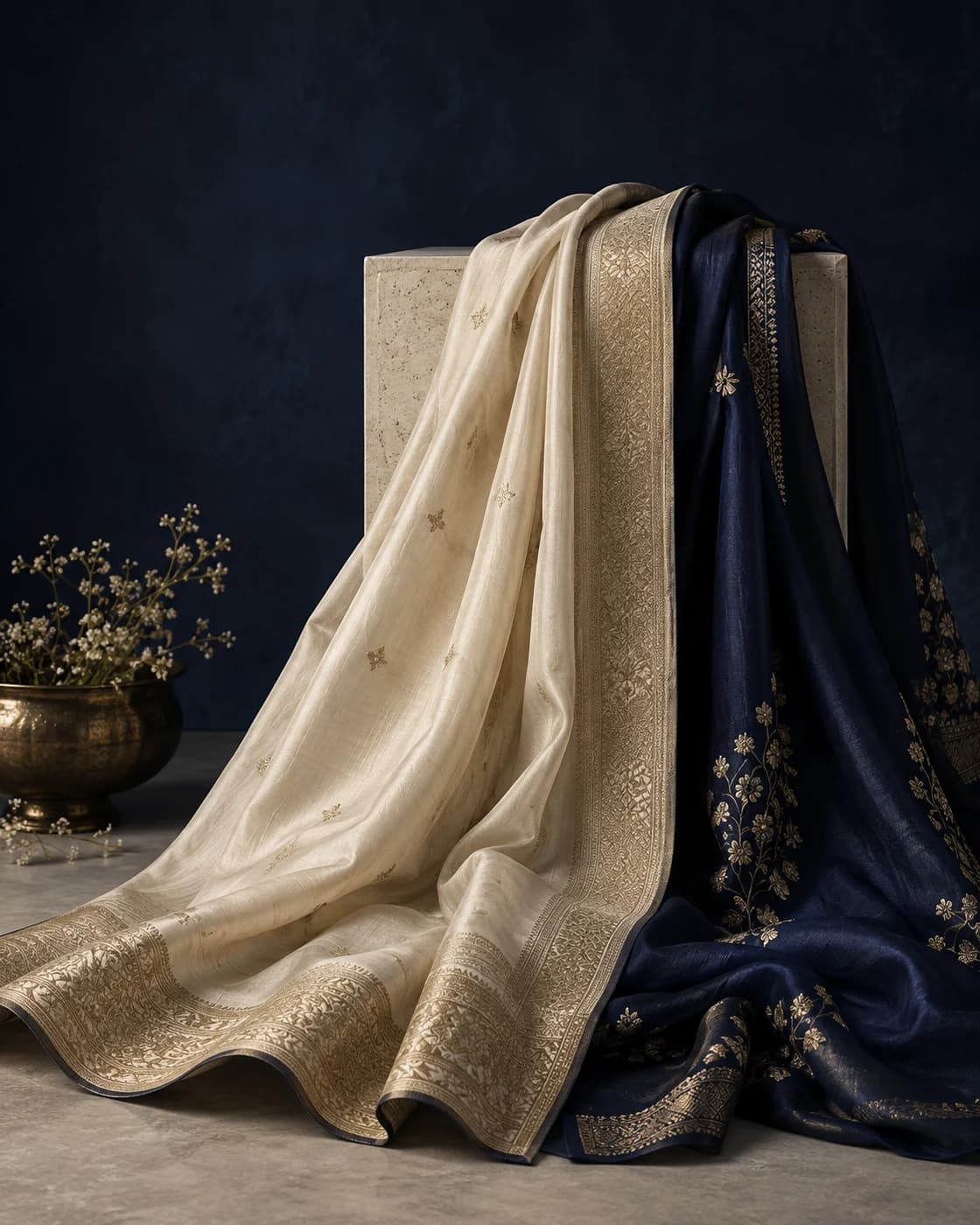 Ivory and midnight silk with delicate gold embroidery draped in an atelier setting