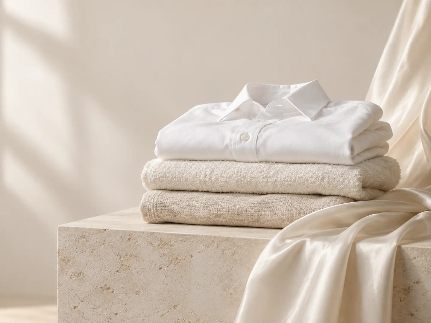 Freshly folded white shirt and ivory linens on a pale stone plinth
