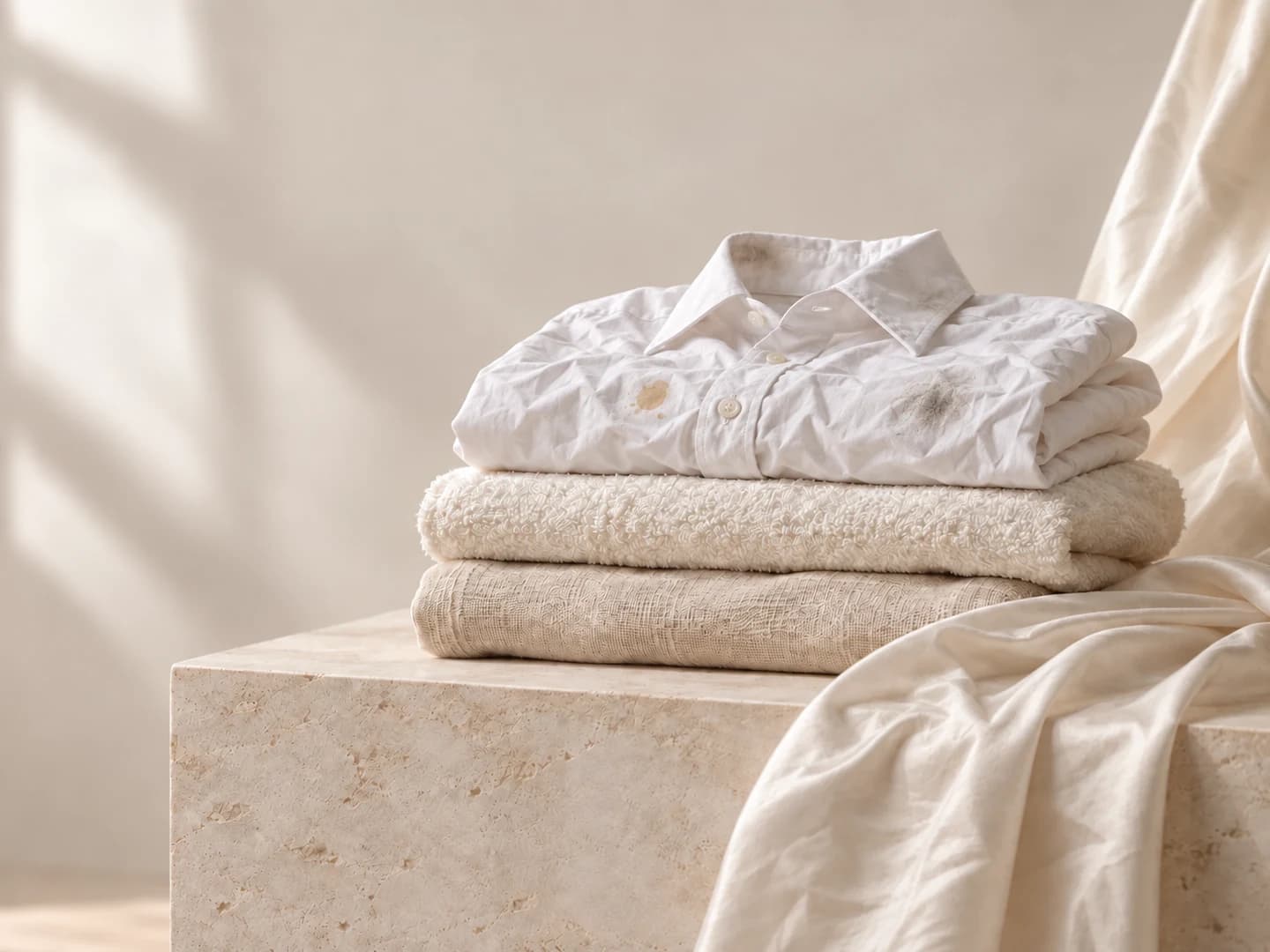 A folded white shirt with visible wrinkles and light marks before garment care (illustrative)