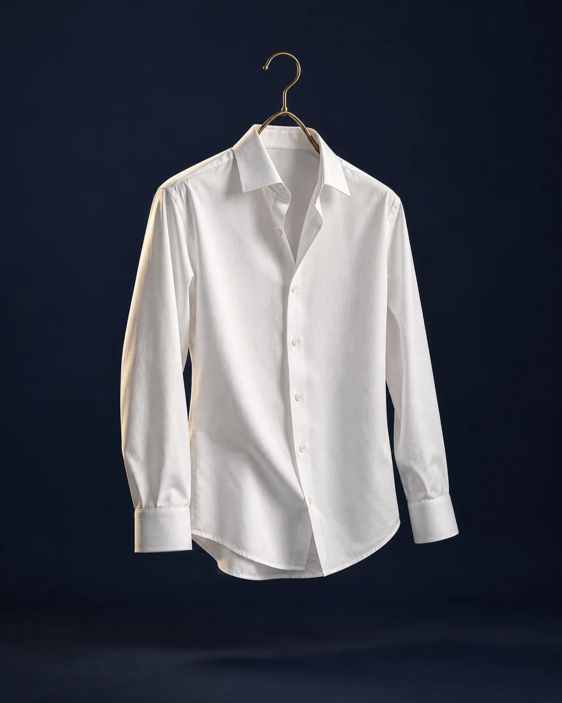 White cotton shirt suspended from a brass hanger in soft studio light