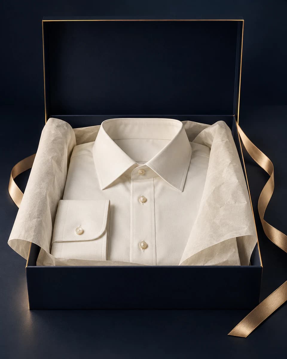 A renewed shirt folded in tissue inside a navy presentation box