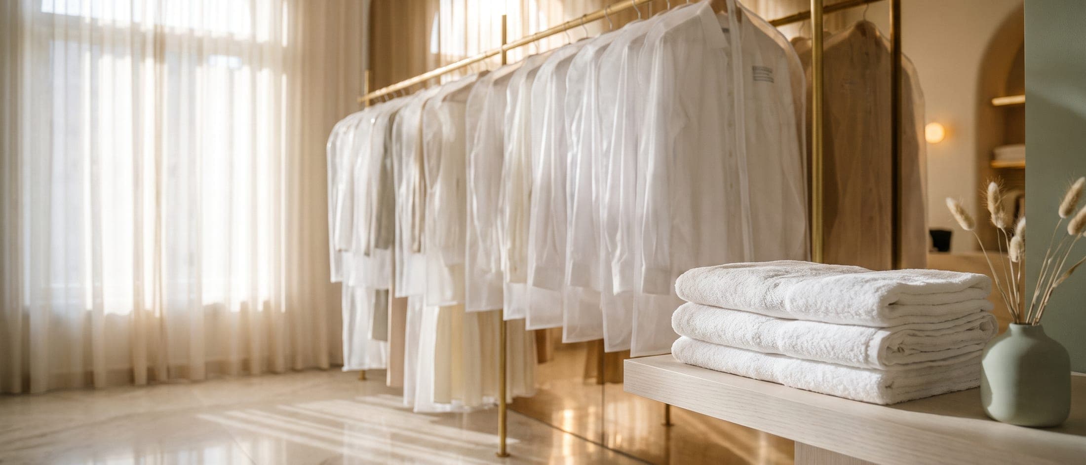 Bright garment-care atelier with pressed shirts hanging on a brass rail and folded white towels