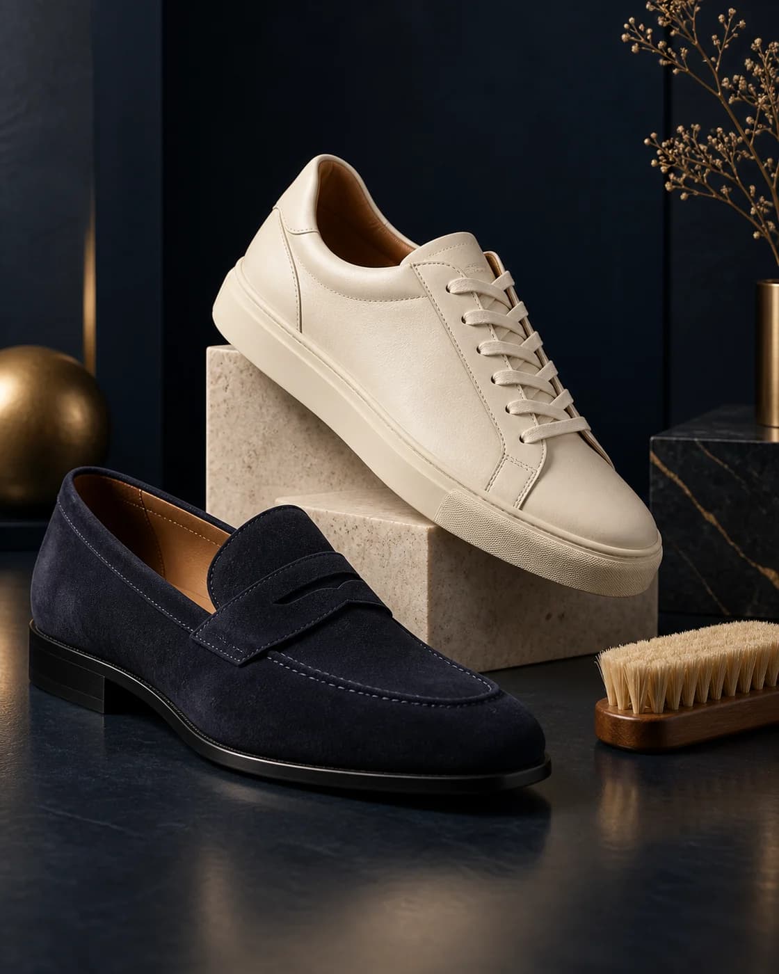 Cream leather sneaker and navy suede loafer arranged for specialist care