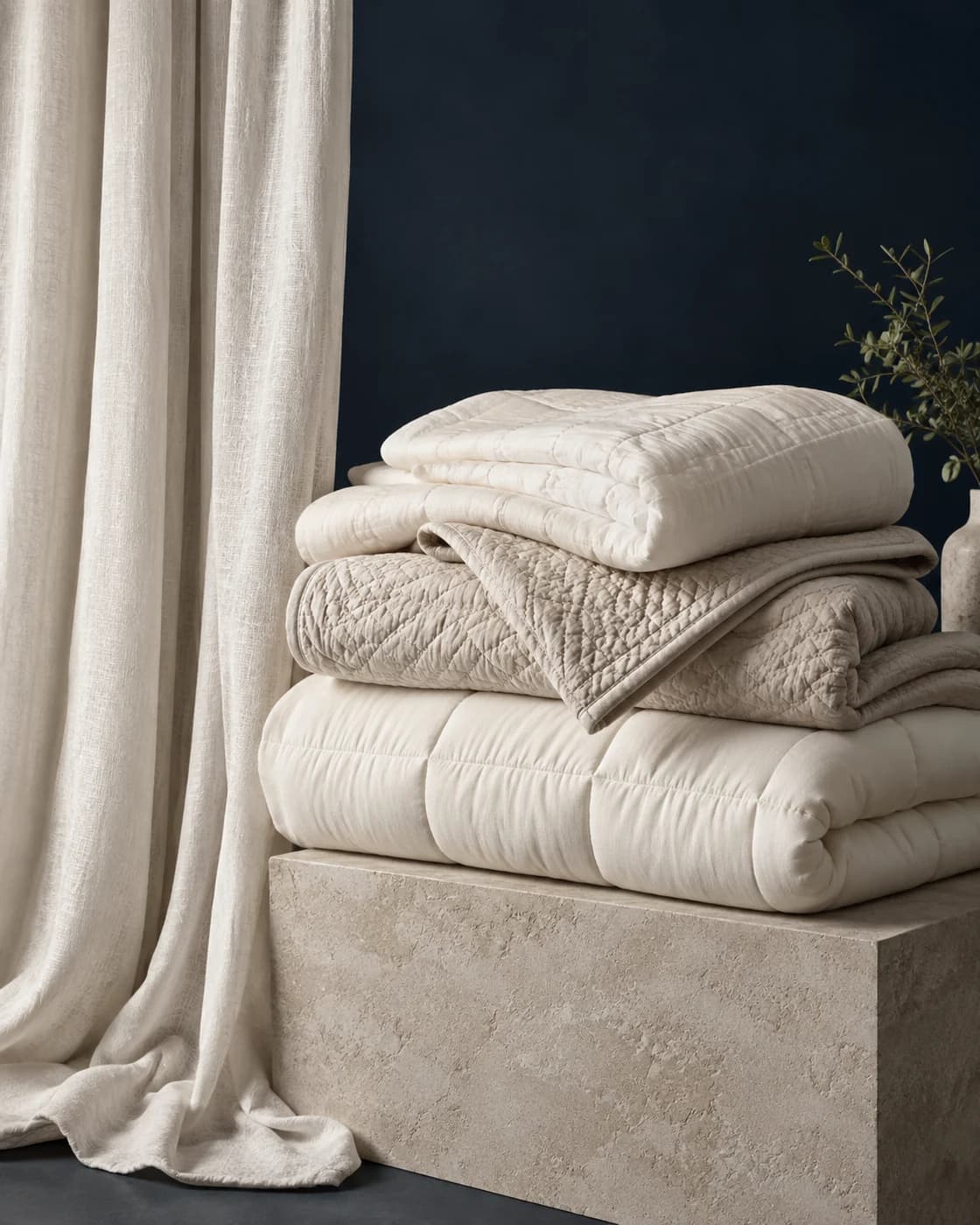 A full ivory curtain beside folded quilts on a limestone plinth