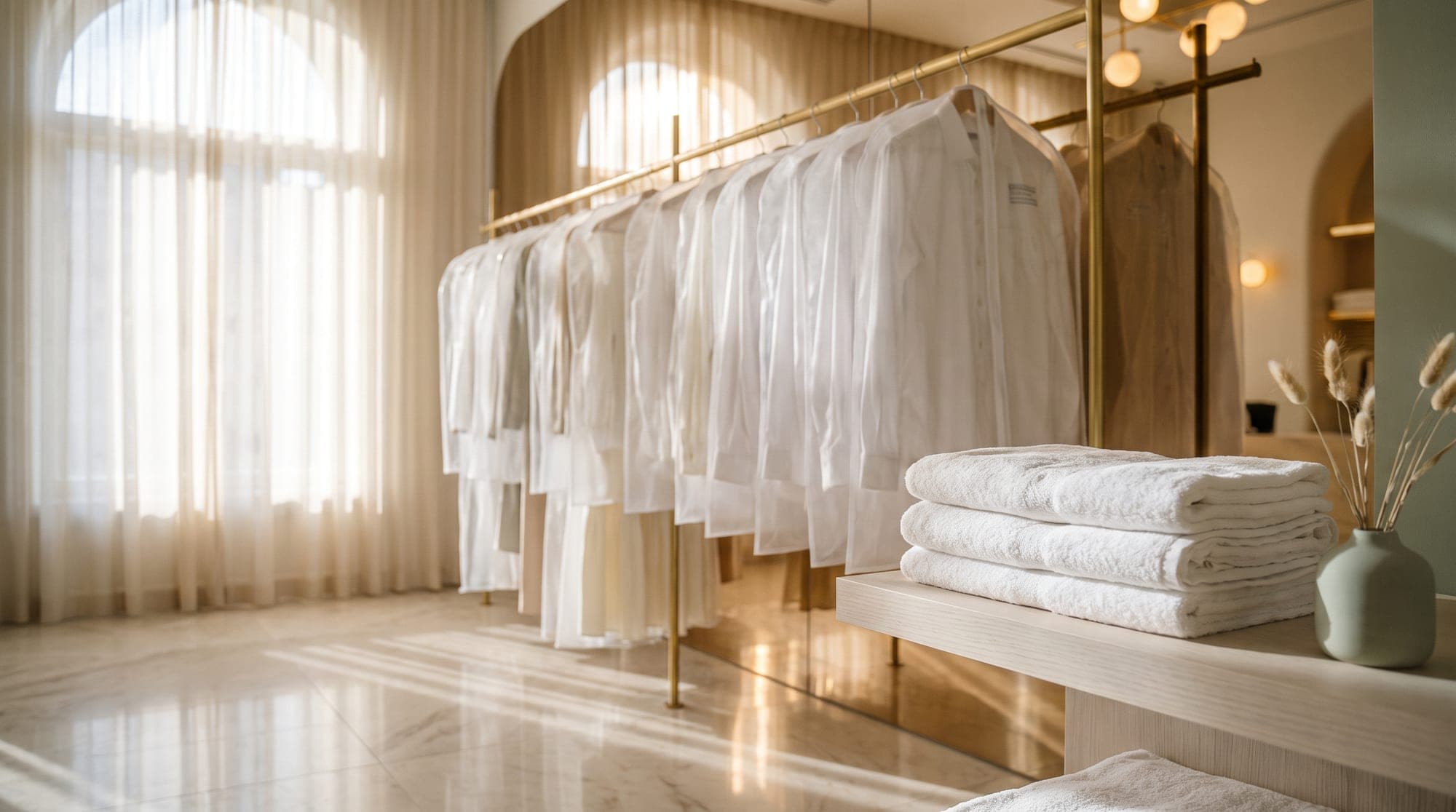 Bright garment-care atelier with pressed shirts hanging on a brass rail and folded white towels